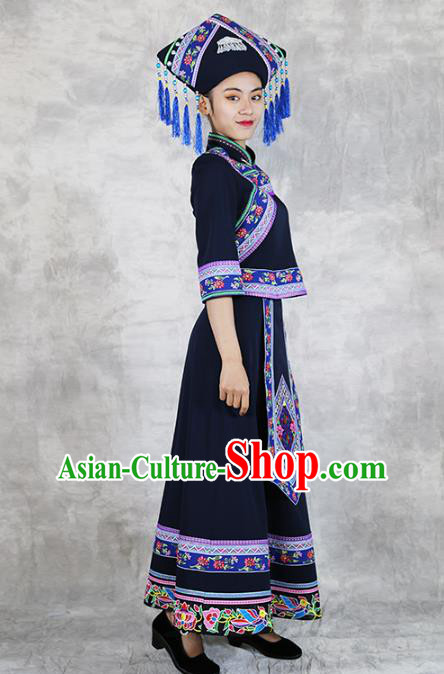 Chinese Zhuang Minority Informal Clothing Nationality Woman Black Dress Outfits Ethnic Folk Dance Costume and Headwear