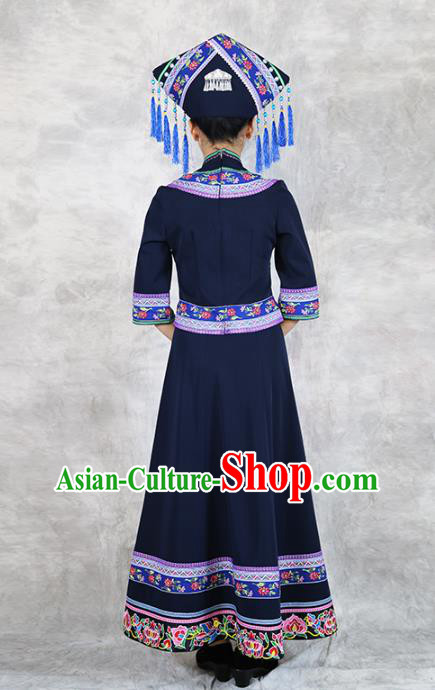 Chinese Zhuang Minority Informal Clothing Nationality Woman Black Dress Outfits Ethnic Folk Dance Costume and Headwear