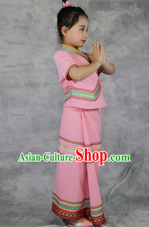 China Dai Nationality Costumes Yunnan Province Ethnic Minority Children Pink Outfits