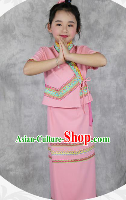 China Dai Nationality Costumes Yunnan Province Ethnic Minority Children Pink Outfits