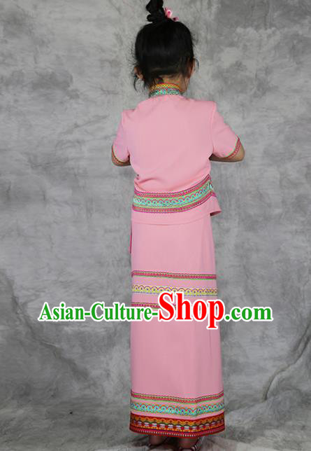 China Dai Nationality Costumes Yunnan Province Ethnic Minority Children Pink Outfits