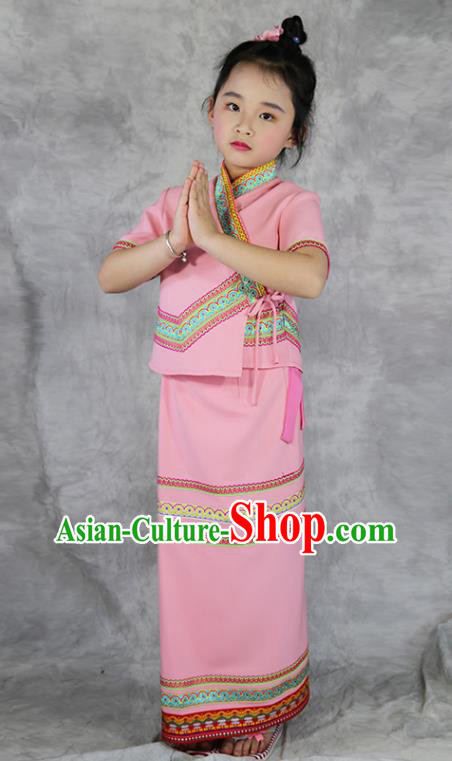 China Dai Nationality Costumes Yunnan Province Ethnic Minority Children Pink Outfits