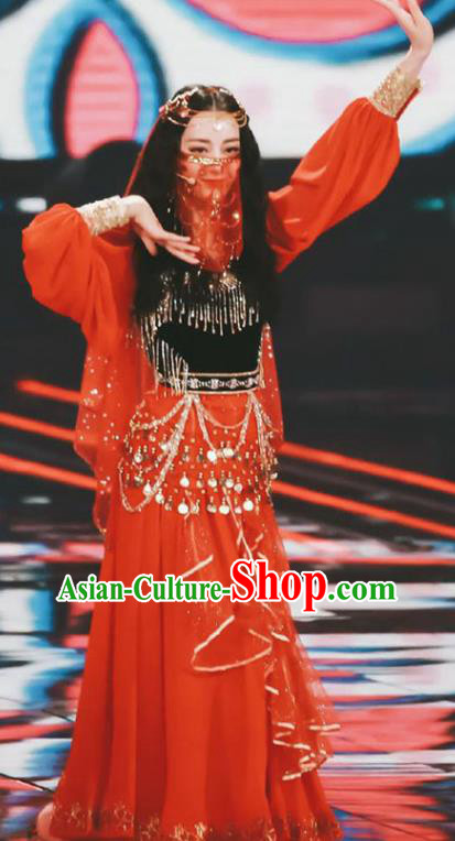 Chinese Xinjiang Ethnic Nationality Woman Dress Costume Uyghur Minority Folk Dance Red Outfits Clothing