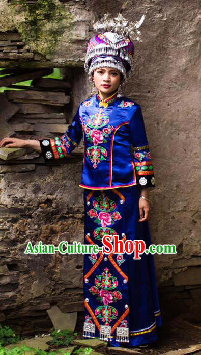 Chinese Ethnic Wedding Bride Royalblue Outfits Tujia Nationality Stage Show Dress Clothing and Hat