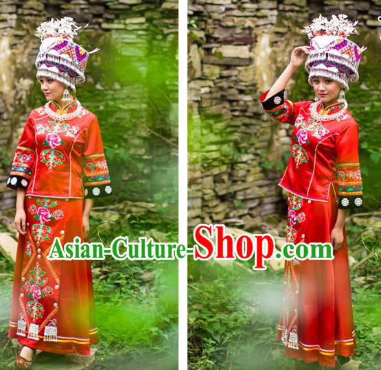 Chinese Ethnic Bride Red Outfits Tujia Nationality Wedding Dress Clothing and Headdress