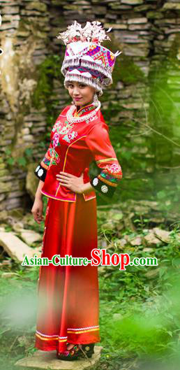 Chinese Ethnic Bride Red Outfits Tujia Nationality Wedding Dress Clothing and Headdress