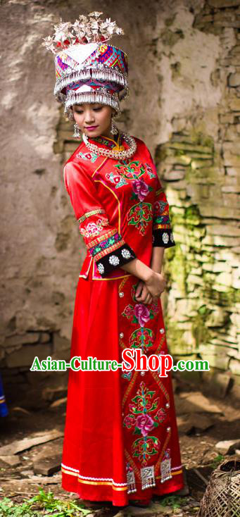 Chinese Ethnic Bride Red Outfits Tujia Nationality Wedding Dress Clothing and Headdress