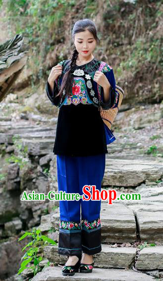 Chinese Xiangxi Hmong Ethnic Folk Dance Blue Outfits Miao Nationality Informal Clothing