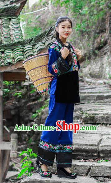 Chinese Xiangxi Hmong Ethnic Folk Dance Blue Outfits Miao Nationality Informal Clothing