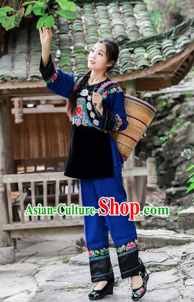 Chinese Xiangxi Hmong Ethnic Folk Dance Blue Outfits Miao Nationality Informal Clothing