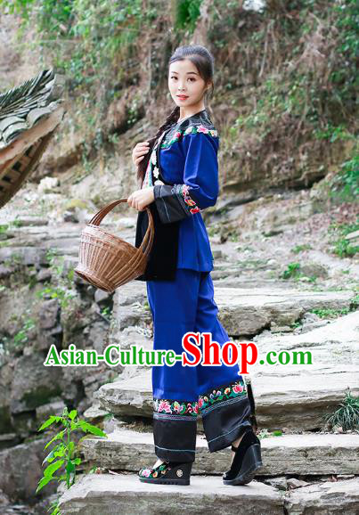 Chinese Xiangxi Hmong Ethnic Folk Dance Blue Outfits Miao Nationality Informal Clothing