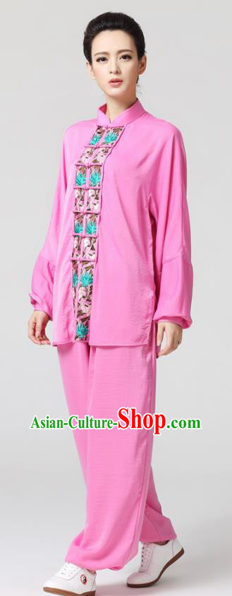 China Tai Chi Chuan Competition Embroidered Uniforms Traditional Martial Arts Pink Flax Clothing
