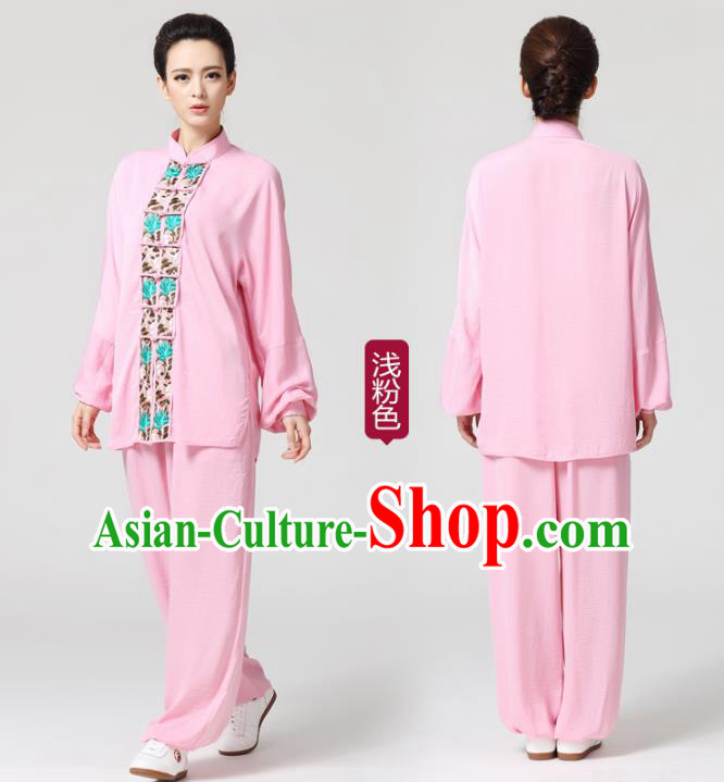 China Tai Chi Competition Pink Flax Uniforms Traditional Martial Arts Embroidered Clothing