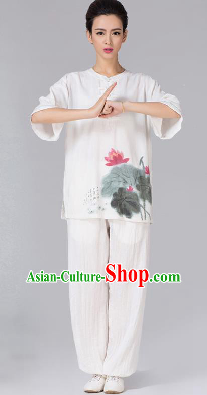 China Tai Chi Ink Painting Lotus Uniforms Traditional Martial Arts White Flax Clothing
