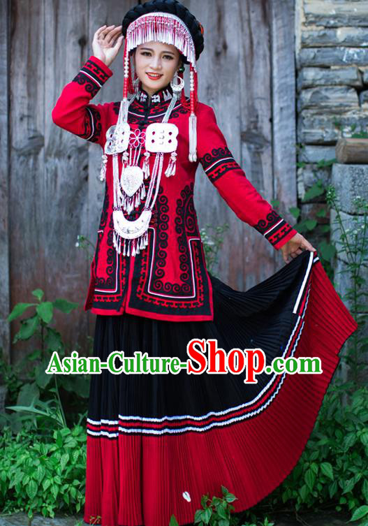 Chinese Yi Nationality Wedding Dress Clothing Ethnic Stage Performance Outfits Costumes and Silver Tassel Hat