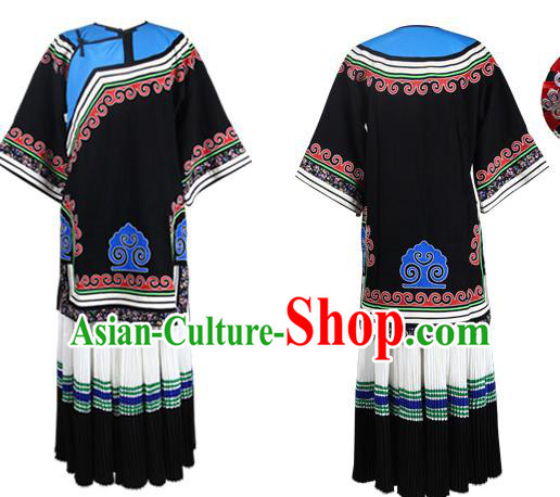 Chinese Ethnic Folk Dance Outfits Costumes Yi Nationality Wedding Bride Dress Clothing and Headdress