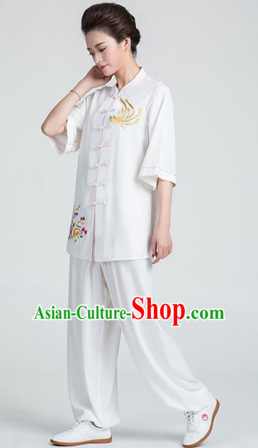 China Kung Fu Printing Flowers White Uniforms Traditional Martial Arts Tai Chi Clothing