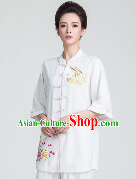 China Kung Fu Printing Flowers White Uniforms Traditional Martial Arts Tai Chi Clothing