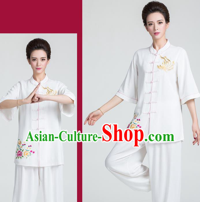 China Kung Fu Printing Flowers White Uniforms Traditional Martial Arts Tai Chi Clothing