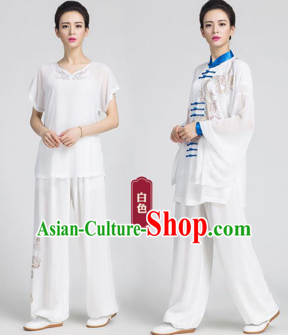 China Tai Chi Kung Fu White Three Pieces Uniforms Martial Arts Competition Clothing