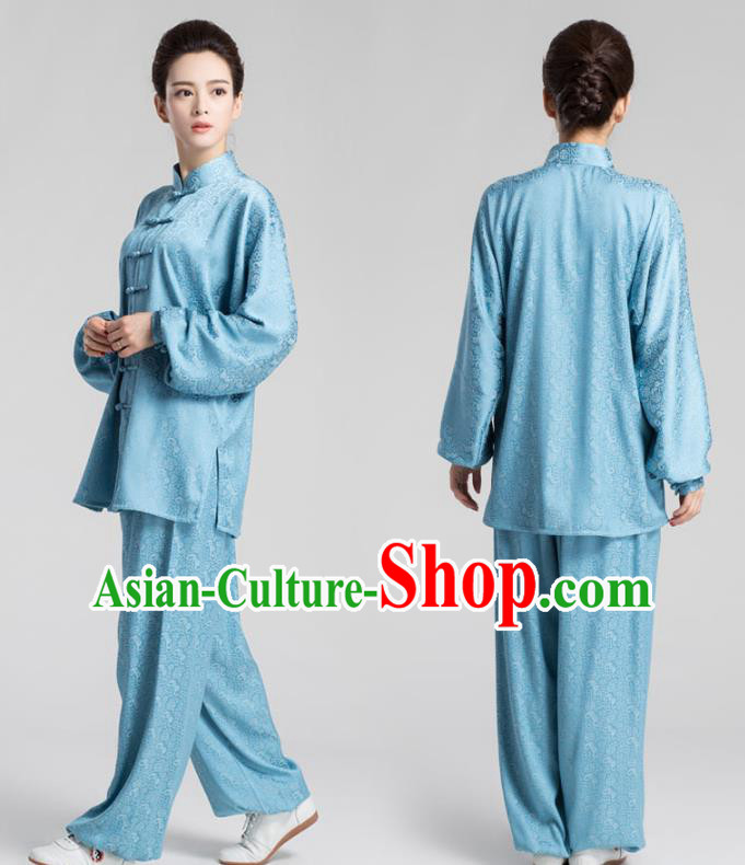 China Kung Fu Training Costumes Traditional Tai Chi Performance Blue Silk Uniforms