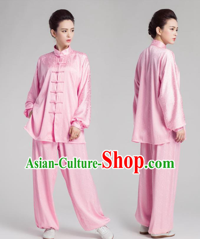 China Traditional Tai Chi Performance Pink Silk Uniforms Kung Fu Training Costumes