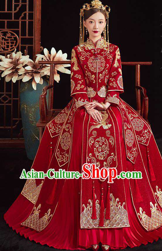 Chinese Traditional Wedding Clothing Bride Embroidered Costumes Classical Xiuhe Suit Red Outfits