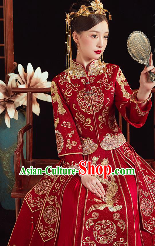 Chinese Traditional Wedding Clothing Bride Embroidered Costumes Classical Xiuhe Suit Red Outfits