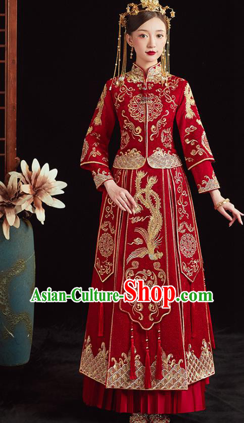 Chinese Traditional Wedding Clothing Bride Embroidered Costumes Classical Xiuhe Suit Red Outfits