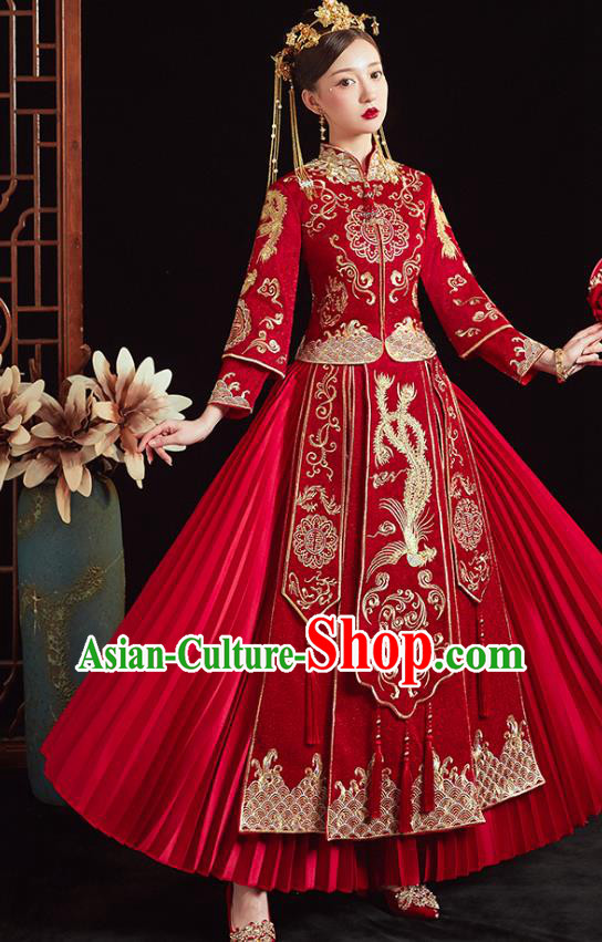 Chinese Traditional Wedding Clothing Bride Embroidered Costumes Classical Xiuhe Suit Red Outfits