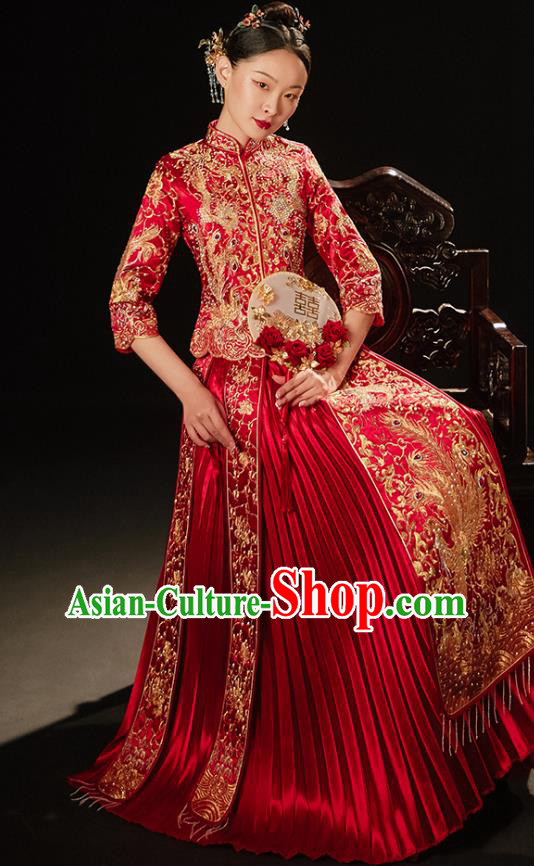 Chinese Bride Embroidered Costumes Classical Xiuhe Suit Red Outfits Traditional Wedding Clothing