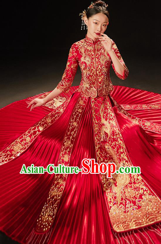 Chinese Bride Embroidered Costumes Classical Xiuhe Suit Red Outfits Traditional Wedding Clothing