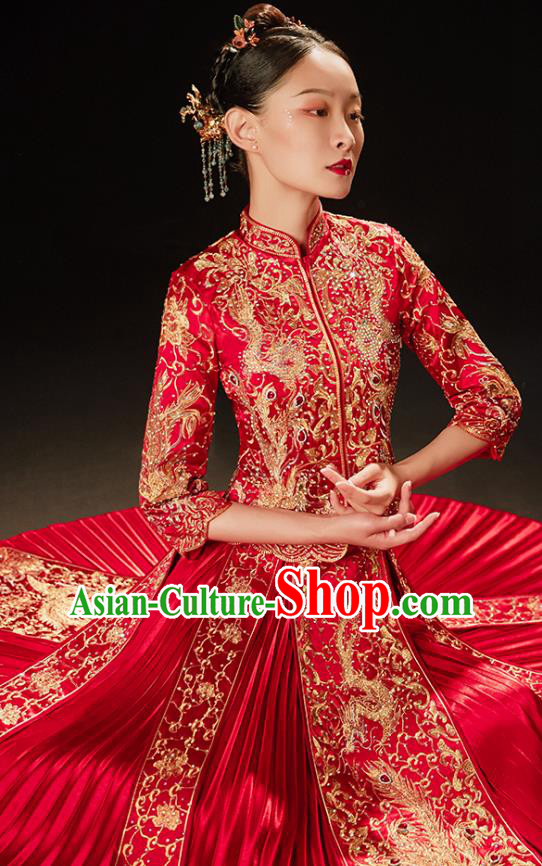 Chinese Bride Embroidered Costumes Classical Xiuhe Suit Red Outfits Traditional Wedding Clothing