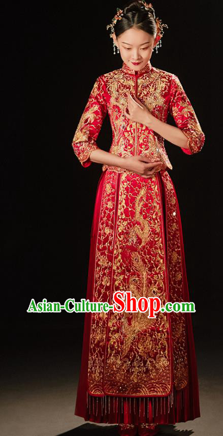 Chinese Bride Embroidered Costumes Classical Xiuhe Suit Red Outfits Traditional Wedding Clothing