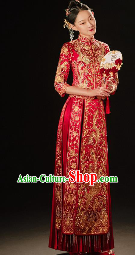 Chinese Bride Embroidered Costumes Classical Xiuhe Suit Red Outfits Traditional Wedding Clothing