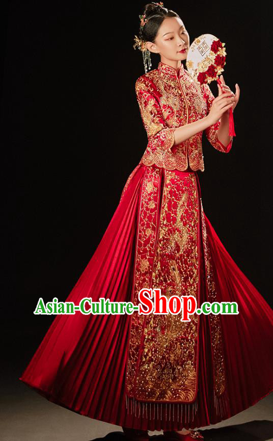 Chinese Bride Embroidered Costumes Classical Xiuhe Suit Red Outfits Traditional Wedding Clothing