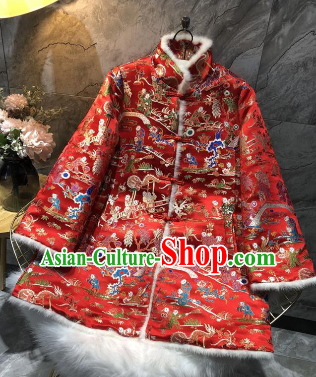 China Winter Woman Red Brocade Cotton Padded Jacket Traditional Tang Suit Outer Garment