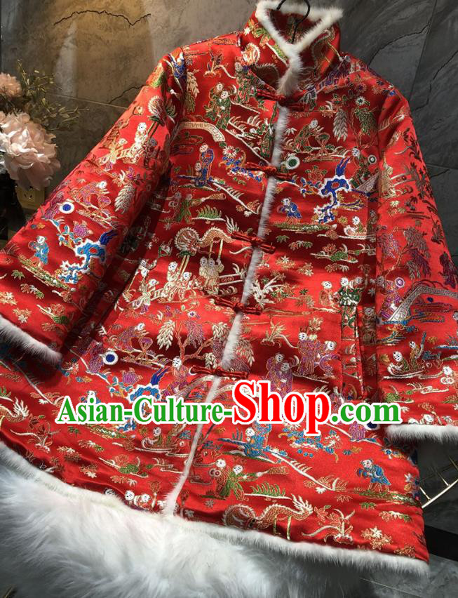 China Winter Woman Red Brocade Cotton Padded Jacket Traditional Tang Suit Outer Garment