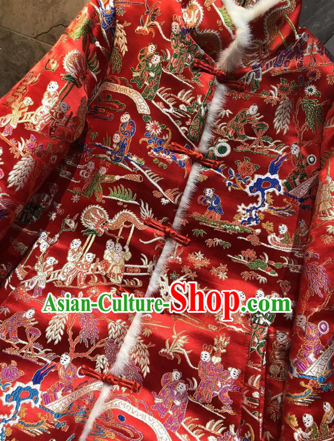 China Winter Woman Red Brocade Cotton Padded Jacket Traditional Tang Suit Outer Garment