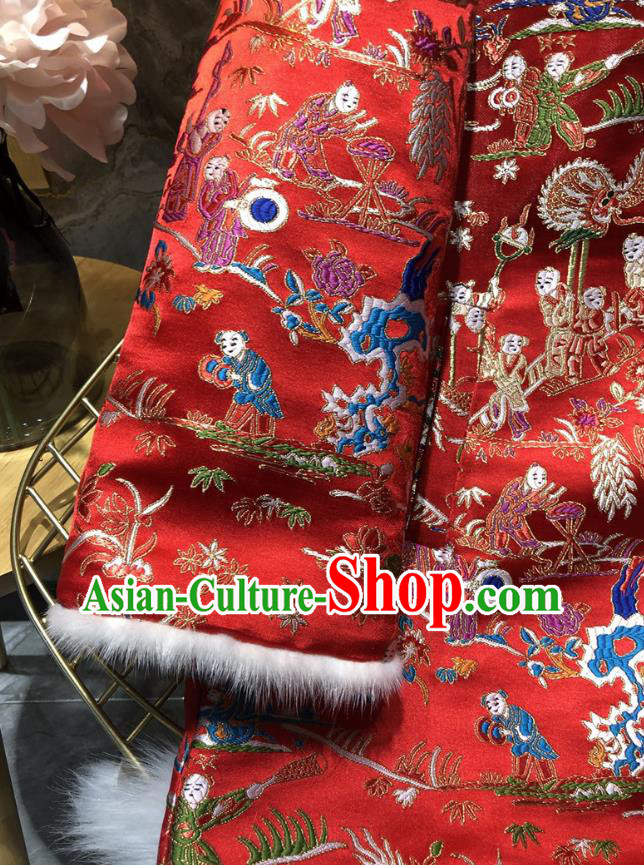 China Winter Woman Red Brocade Cotton Padded Jacket Traditional Tang Suit Outer Garment