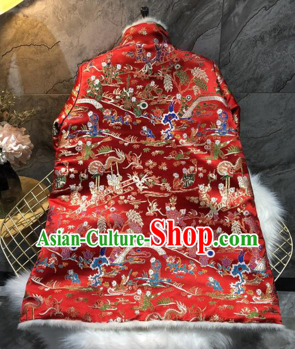 China Winter Woman Red Brocade Cotton Padded Jacket Traditional Tang Suit Outer Garment