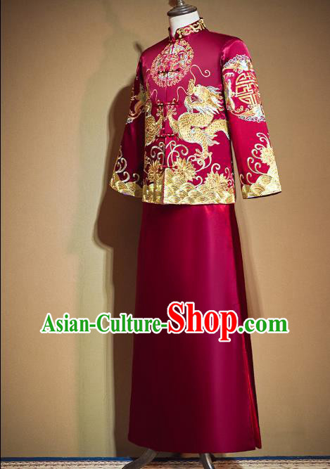 China Classical Bridegroom Costumes Embroidered Red Mandarin Jacket and Long Gown Outfits