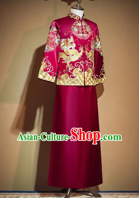 China Classical Bridegroom Costumes Embroidered Red Mandarin Jacket and Long Gown Outfits