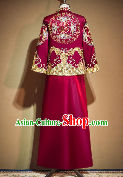 China Classical Bridegroom Costumes Embroidered Red Mandarin Jacket and Long Gown Outfits