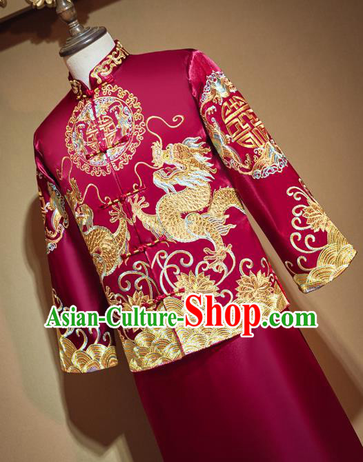 China Classical Bridegroom Costumes Embroidered Red Mandarin Jacket and Long Gown Outfits