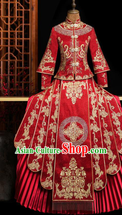 Chinese Classical Bride Embroidered Costumes Xiuhe Suit Drilling Outfits Traditional Wedding Toast Clothing