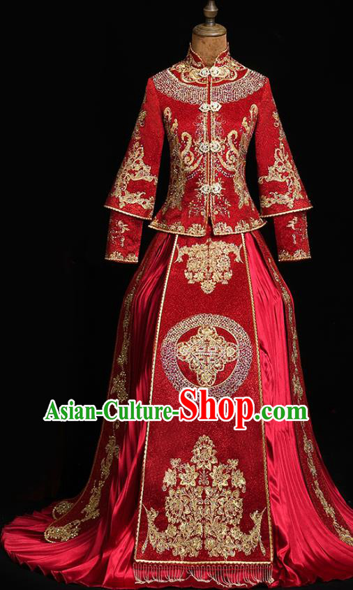 Chinese Classical Bride Embroidered Costumes Xiuhe Suit Drilling Outfits Traditional Wedding Toast Clothing