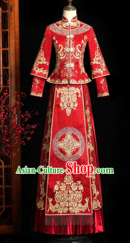 Chinese Classical Bride Embroidered Costumes Xiuhe Suit Drilling Outfits Traditional Wedding Toast Clothing