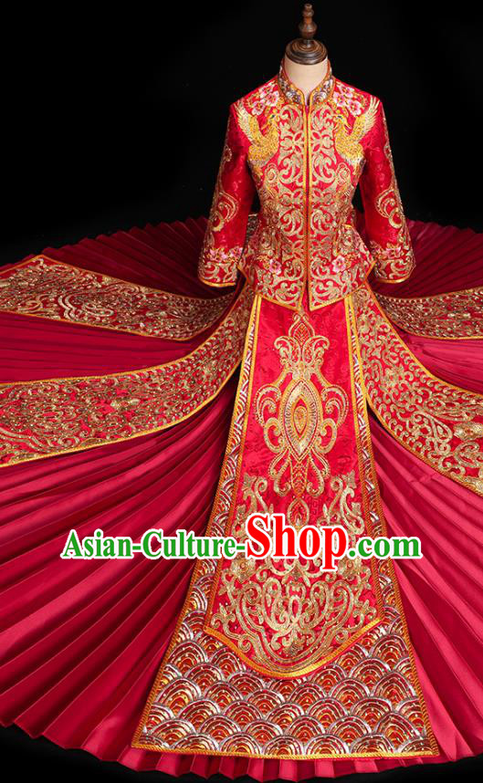 Chinese Traditional Wedding Embroidered Clothing Classical Bride Toast Costumes Xiuhe Suit Drilling Red Outfits