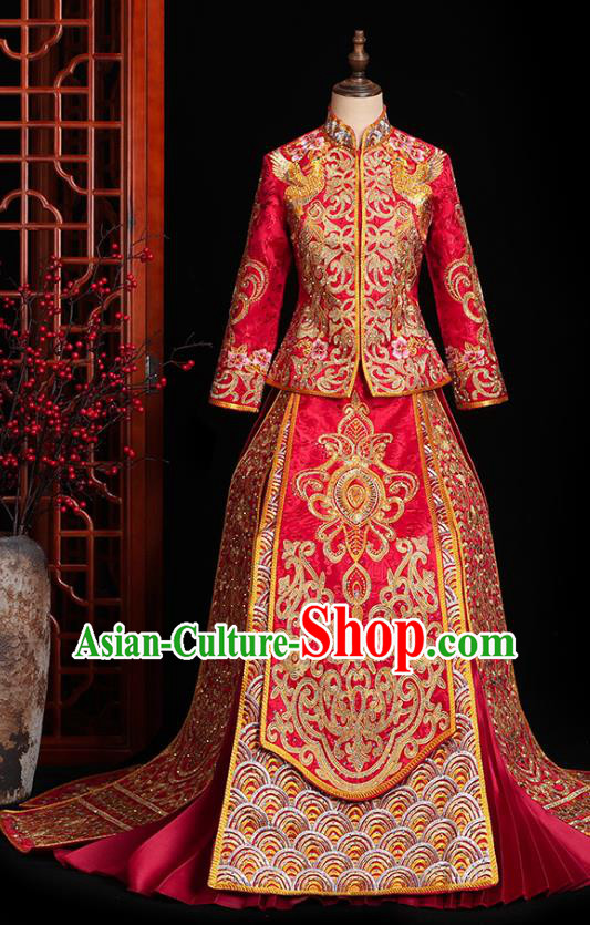 Chinese Traditional Wedding Embroidered Clothing Classical Bride Toast Costumes Xiuhe Suit Drilling Red Outfits